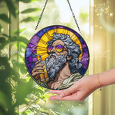 Warrior Acrylic Suncatcher, Round Medieval Knight with Shield and Dog Window Panel, Fantasy Gothic Stained Glass Style Home Decor Gift